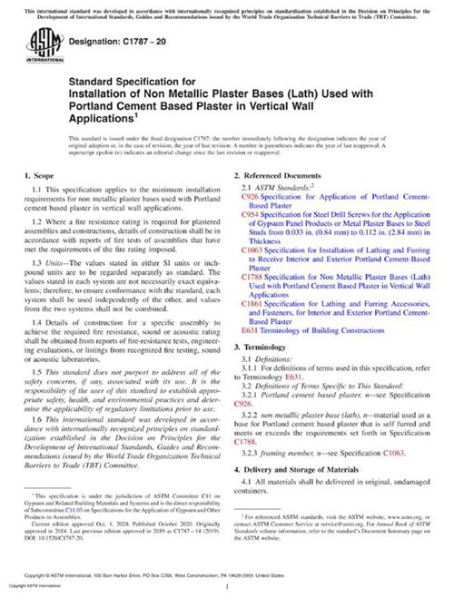 ASTM C1787-20 垂直墙体中与硅酸盐水泥基一起使用的非金属石膏基安装标准规范