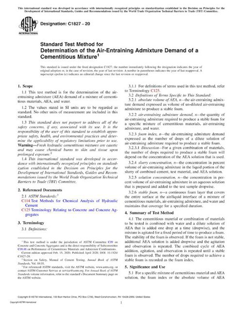 ASTM C1827-20 测定水泥基混合物的引气剂需求量的标准试验方法