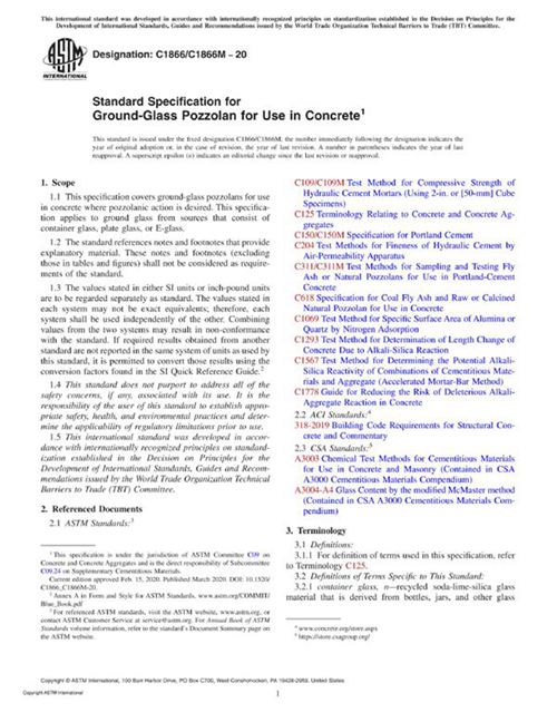 ASTM C1866 C1866M-20 混凝土用磨砂玻璃火山灰的标准规范