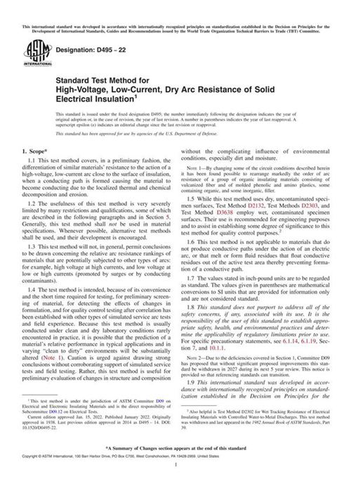 ASTM D495-22 固体电绝缘材料耐高压低电流干电弧性能的标准试验方法