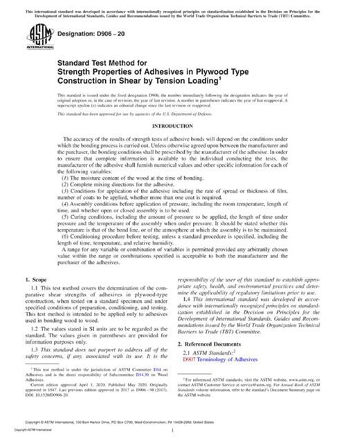 ASTM D906-20 胶合板类型结构中通过张力加载剪切的粘合剂的强度性能的标准测试方法