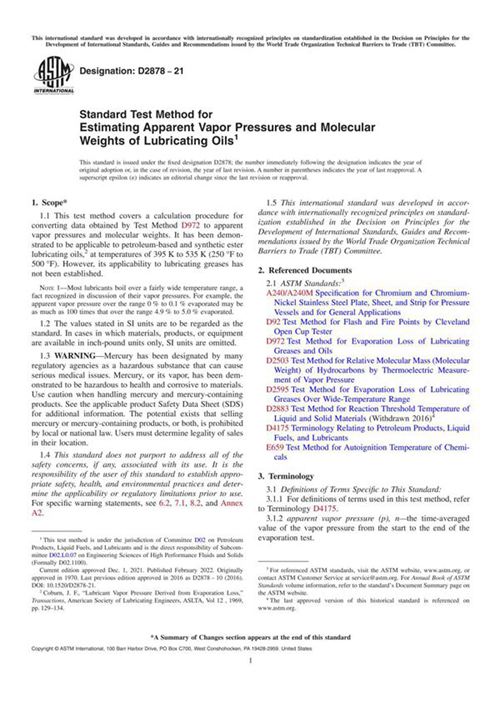 ASTM D2878-21 估计润滑油表观蒸汽压和分子量的标准试验方法