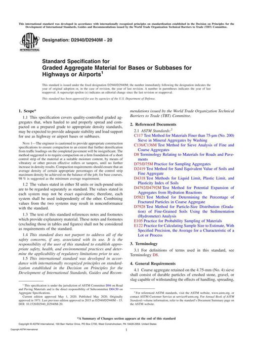 ASTM D2940 D2940M-20 Standard Specification for Graded Aggregate Material for Bases or Subbases fo