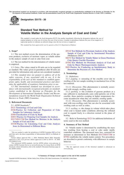 ASTM D3175-20 Standard Test Method for Volatile Matter in the Analysis Sample of Coal and Coke