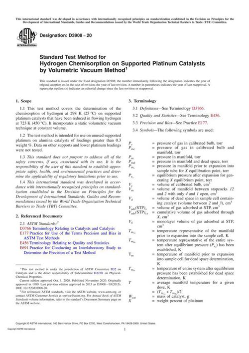 ASTM D3908-20 Standard Test Method for Hydrogen Chemisorption on Supported Platinum Catalysts by V