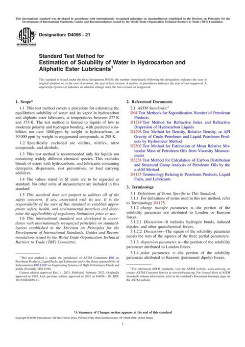 ASTM D4056-21 碳氢化合物和脂肪族酯润滑剂中水溶解度估计的标准试验方法