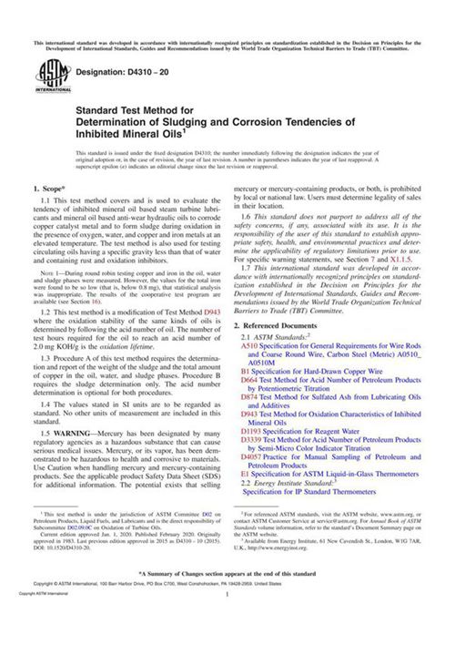 ASTM D4310-20 Standard Test Method for Determination of Sludging and Corrosion Tendencies of Inhib