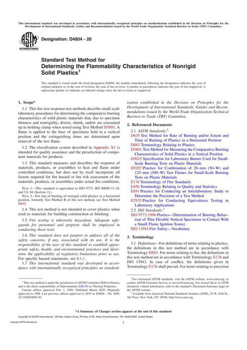ASTM D4804-20 Standard Test Method for Determining the Flammability Characteristics of Nonrigid So