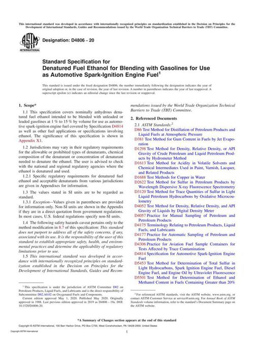 ASTM D4806-20 Standard Specification for Denatured Fuel Ethanol for Blending with Gasolines for Us
