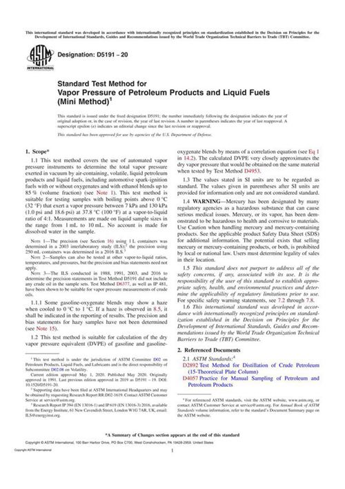 ASTM D5191-20 Standard Test Method for Vapor Pressure of Petroleum Products and Liquid Fuels (Mini