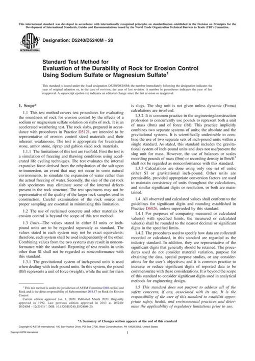 ASTM D5240 D5240M-20 Standard Test Method for Evaluation of the Durability of Rock for Erosion Con