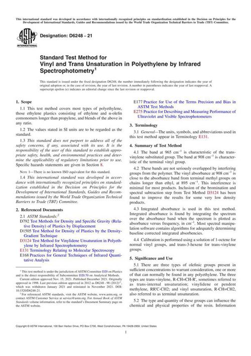 ASTM D6248-21 红外分光光度法测定聚乙烯中乙烯基和反式不饱和度的标准试验方法