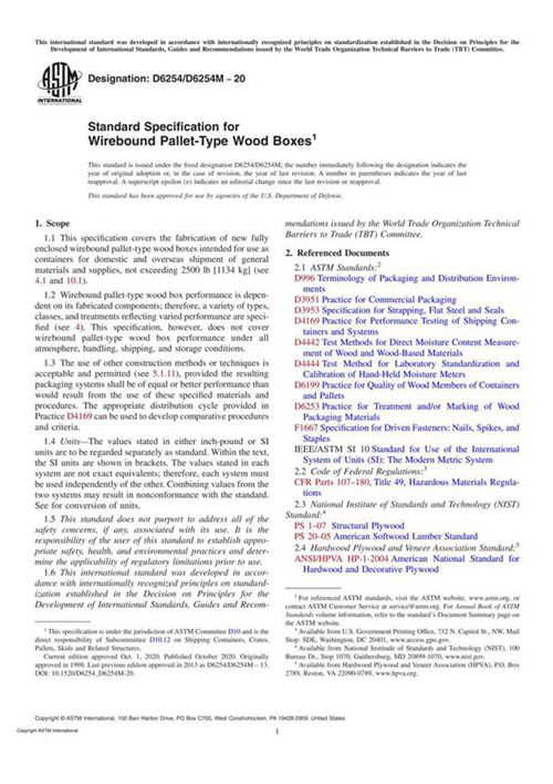 ASTM D6254 D6254M-20 Standard Specification for Wirebound Pallet-Type Wood Boxes