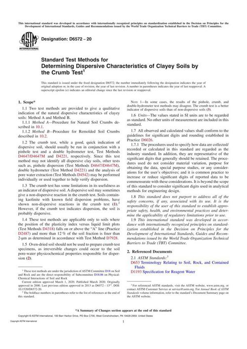 ASTM D6572-20 Standard Test Methods for Determining Dispersive Characteristics of Clayey Soils by