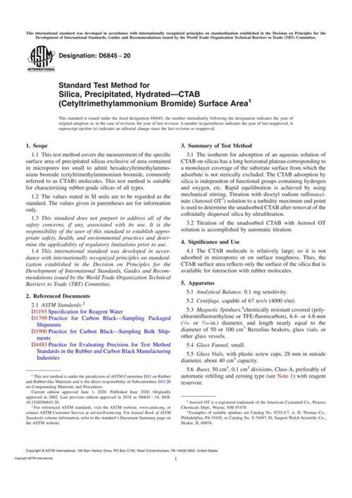 ASTM D6845-20 Standard Test Method for Silica, Precipitated, HydratedCTAB (Cetyltrimethylammoniu