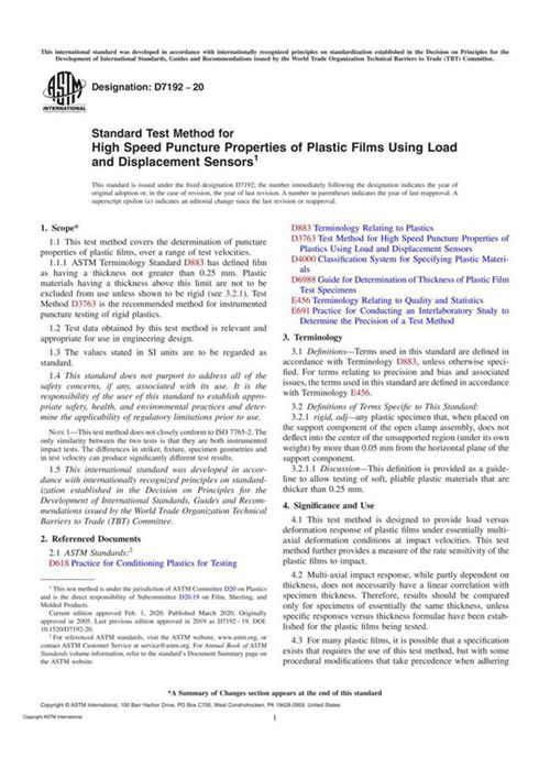 ASTM D7192-20 Standard Test Method for High Speed Puncture Properties of Plastic Films Using Load