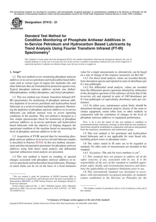 ASTM D7412-21 用傅里叶变换红外光谱法(FT-IR)趋势分析法监测在用石油和碳氢化合物基润滑剂中磷酸盐抗磨添加剂状态的标准试验方法