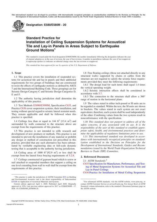 ASTM E580 E580M-20 Standard Practice for Installation of Ceiling Suspension Systems for Acoustical