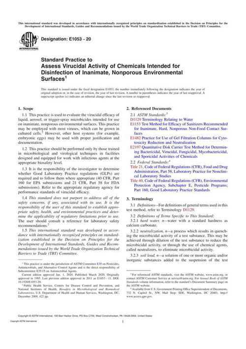 ASTM E1053-20 Standard Practice to Assess Virucidal Activity of Chemicals Intended for Disinfectio