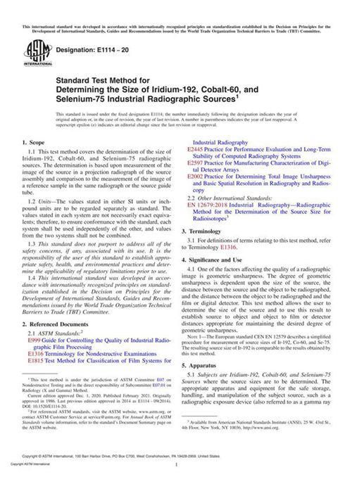 ASTM E1114-20 Standard Test Method for Determining the Size of Iridium-192, Cobalt-60, and Seleniu