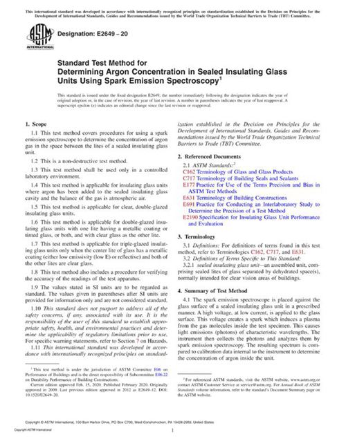ASTM E2649-20 使用火花发射光谱测定密封绝缘玻璃单元中的氩浓度的标准测试方法