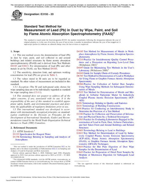 ASTM E3193-20 用火焰原子吸收分光光度法(FAAS)测定灰尘 油漆和土壤中铅的标准试验方法