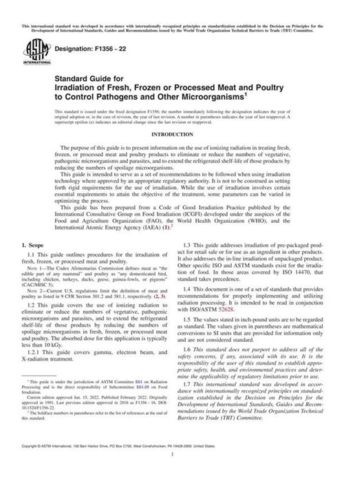 ASTM F1356-22 控制病原体和其他微生物的新鲜 冷冻或加工肉类和家禽的辐照标准指南