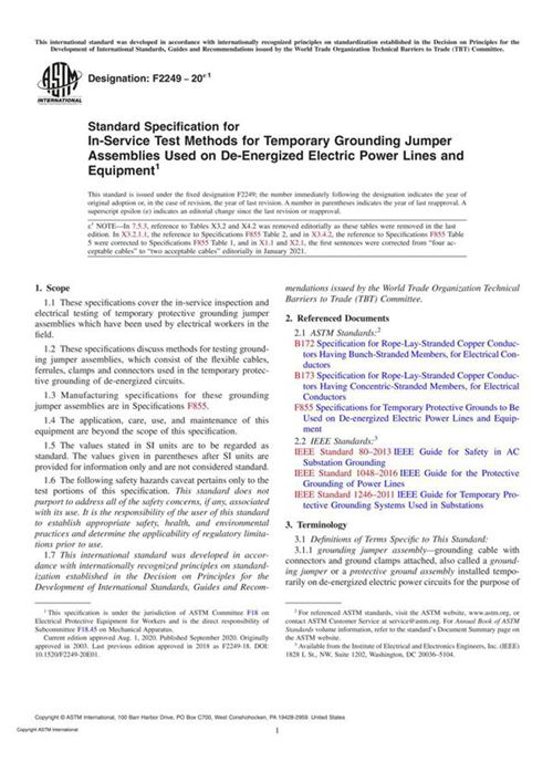 ASTM F2249-20e1 Standard Specification for In-Service Test Methods for Temporary Grounding Jumper