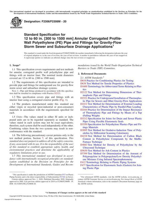 ASTM F2306 F2306M-20 Standard Specification for 12 to 60 in. (300 to 1500 mm) Annular Corrugated P