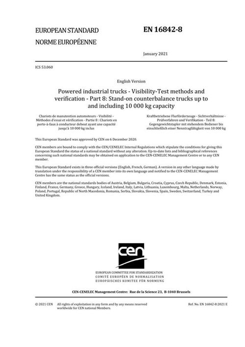 EN 16842-8-2021 动力工业卡车 可见度试验方法和验证 第8部分 10000 kg及以下的立式平衡卡车
