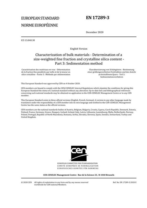 EN 17289-3-2020 散装材料的特性 重量和结晶二氧化硅含量的测定 第3部分 计算方法