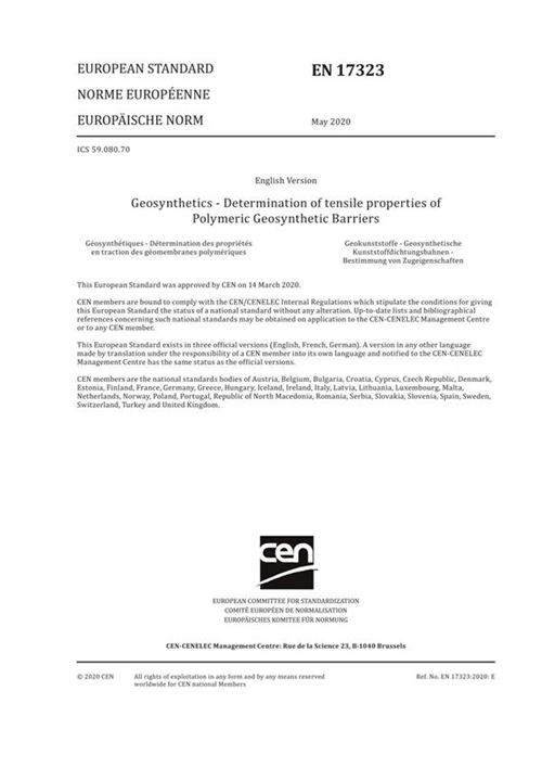 EN 17323-2020 土工合成材料 聚合土工合成屏障拉伸性能的测定