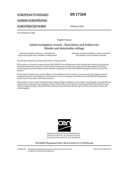 EN 17360-2020 内河航行船舶 可倾斜和可拆卸栏杆的支柱和支架