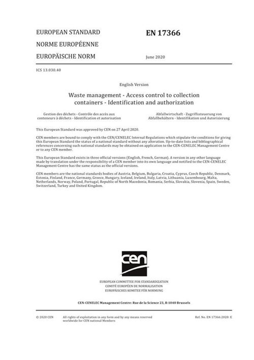 EN 17366-2020 收集容器标识和授权的废物管理访问控制