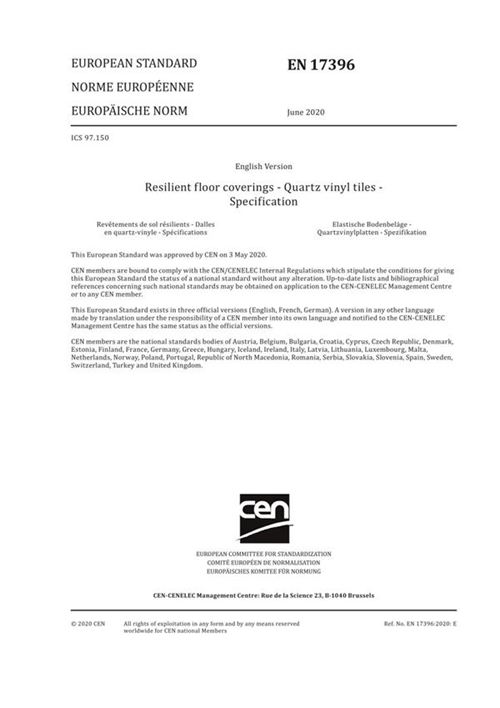 EN 17396-2020 弹性地板覆盖物-石英乙烯基瓷砖-规格