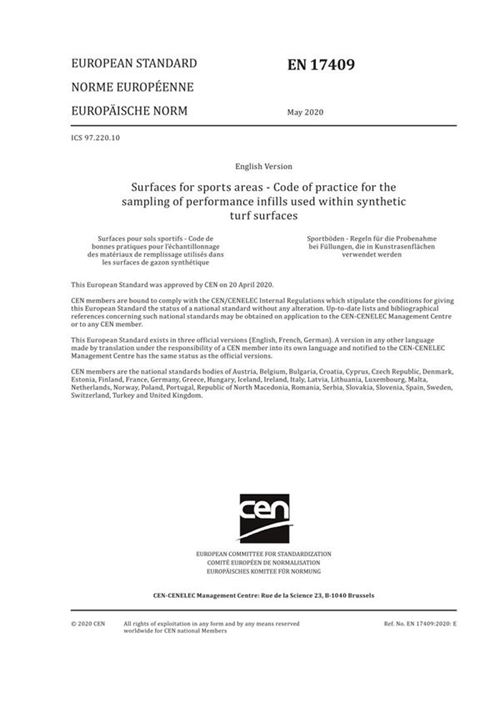 EN 17409-2020 运动场表面 人造草坪表面用性能填充物取样的实施规程