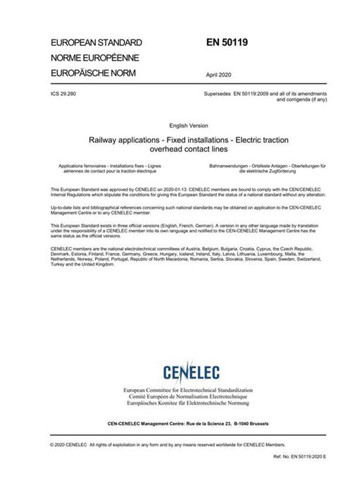 EN 50119-2020 铁路应用 固定安装 电力牵引架空接触线
