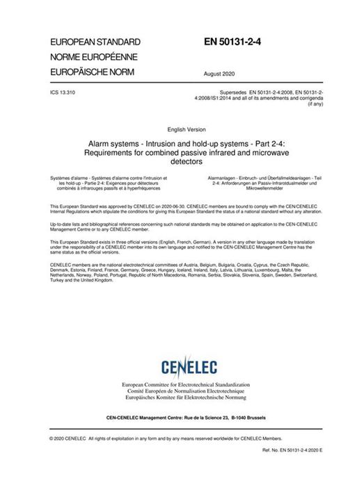 EN 50131-2-4-2020 报警系统 入侵和保持系统 第2-4部分 组合被动红外和微波探测器的要求