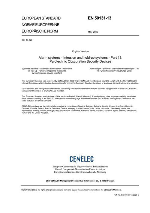 EN 50131-13-2020 报警系统 侵入和保持系统 第13部分 烟火遮蔽安全装置