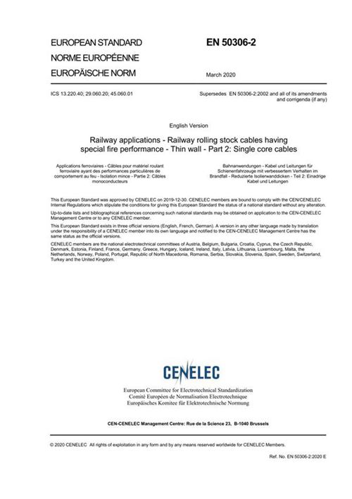 EN 50306-2-2020 铁路应用 具有特殊防火性能的铁路车辆电缆 薄壁 第2部分 单芯电缆