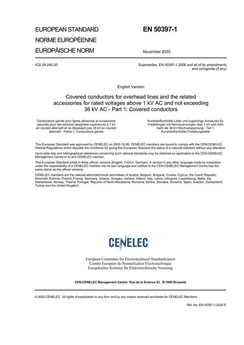 EN 50397-1-2020 额定电压高于1kV a c 的架空导线和相关附件 不超过36kV a c 第1部分 覆盖导体