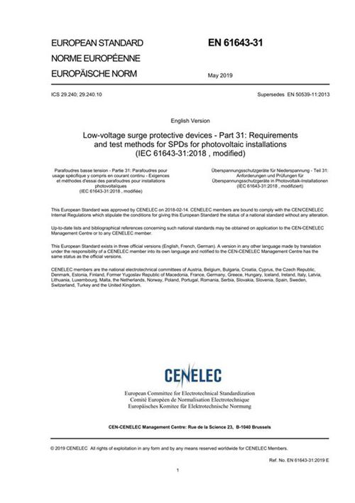 EN 61643-31-2019 低压浪涌保护装置 第31部分 特殊用途的浪涌保护装置 包括直流 光伏装置SPD的要求和测试方法