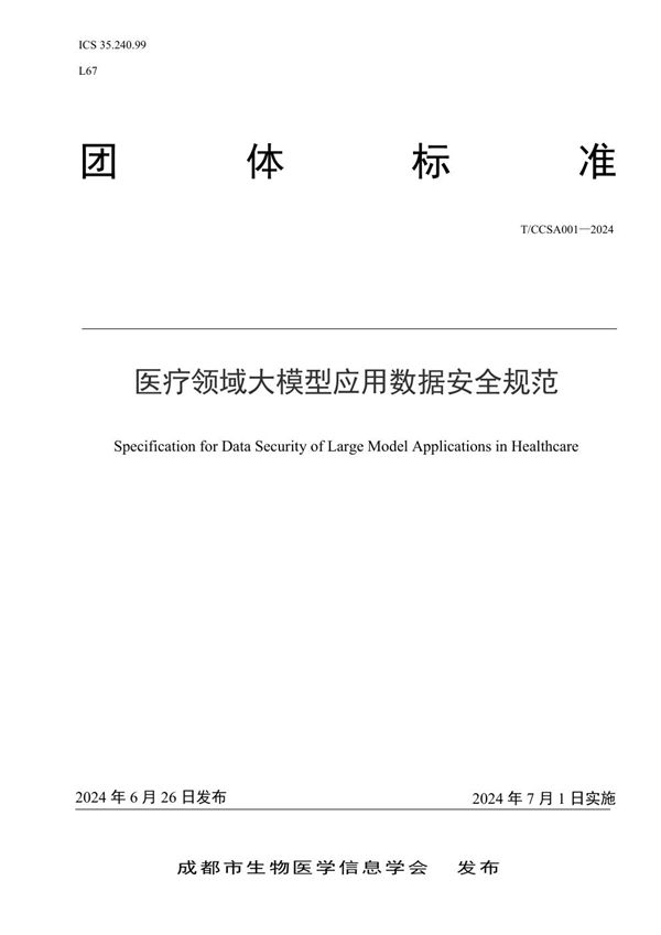 T/CCSA 001-2024 医疗领域大模型应用数据安全规范