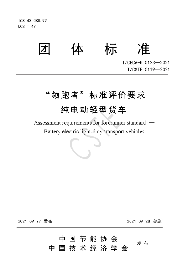 T/CSTE 0119-2021 “领跑者”标准评价要求 纯电动轻型货车