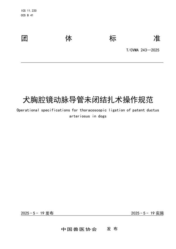 T/CVMA 243-2025 犬胸腔镜动脉导管未闭结扎术操作规范