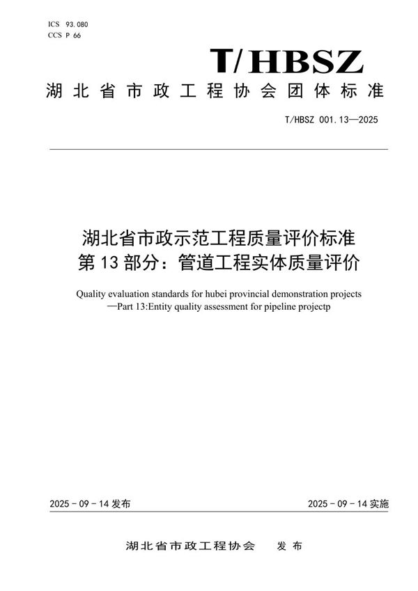 T/HBSZ 001.13-2025 湖北省市政示范工程质量评价标准  第13部分：管道工程实体质量评价