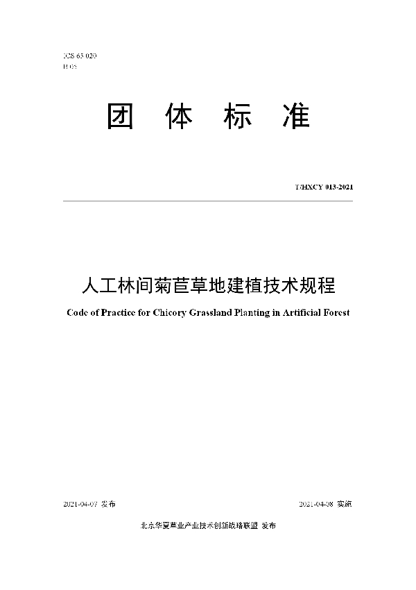T/HXCY 013-2021 人工林间菊苣草地建植技术规程