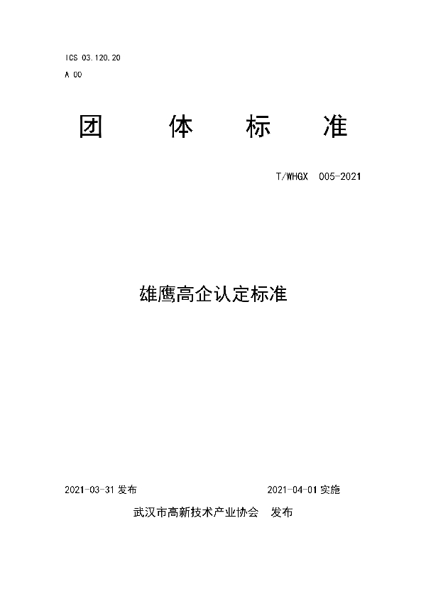 T/WHGX 005-2021 雄鹰高企认定标准