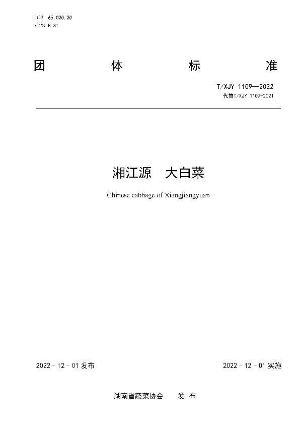 T/XJY 1109-2022 湘江源 大白菜