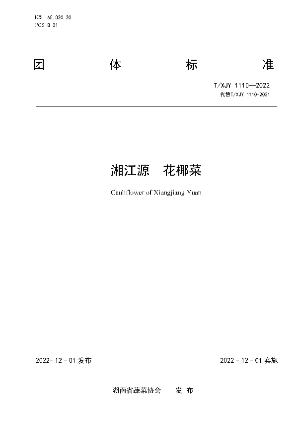 T/XJY 1110-2022 湘江源 花椰菜